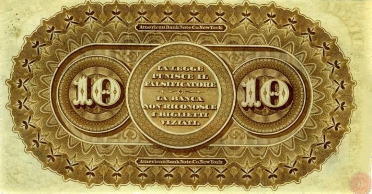 Back of Italian States pS795: 10 Lire from 1872