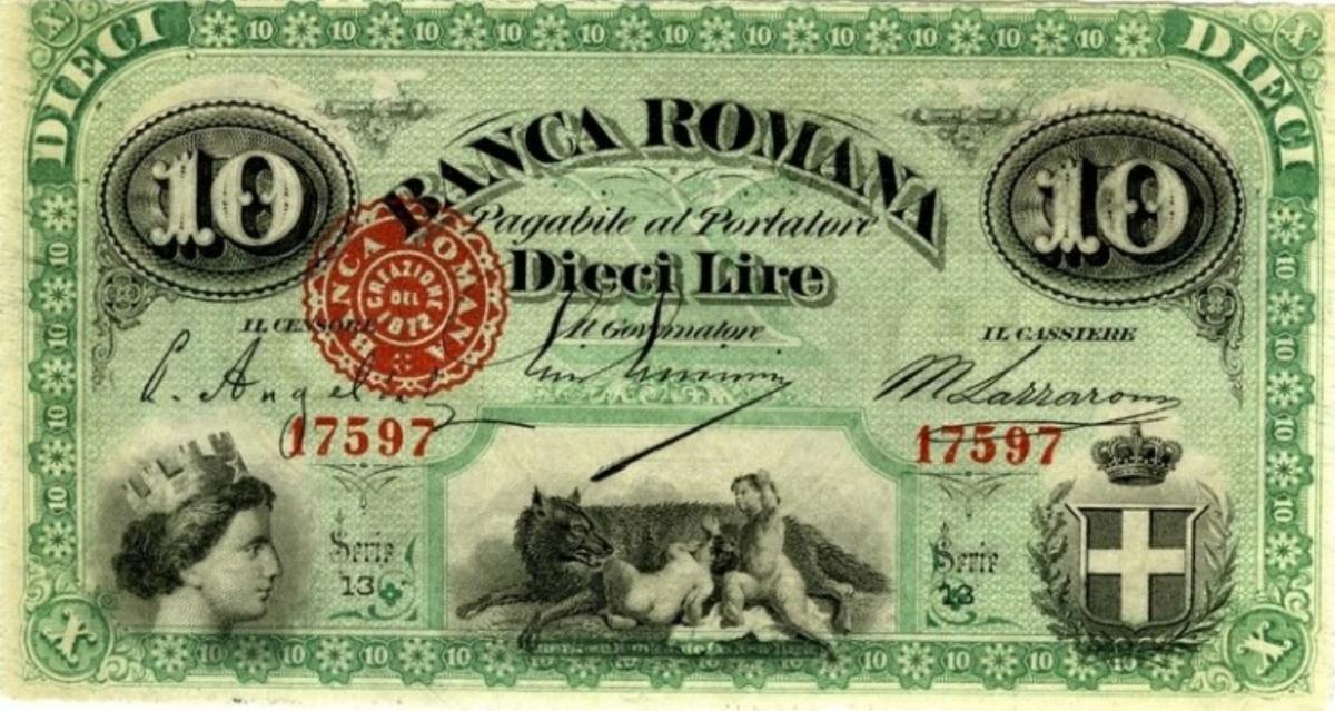 Front of Italian States pS795: 10 Lire from 1872
