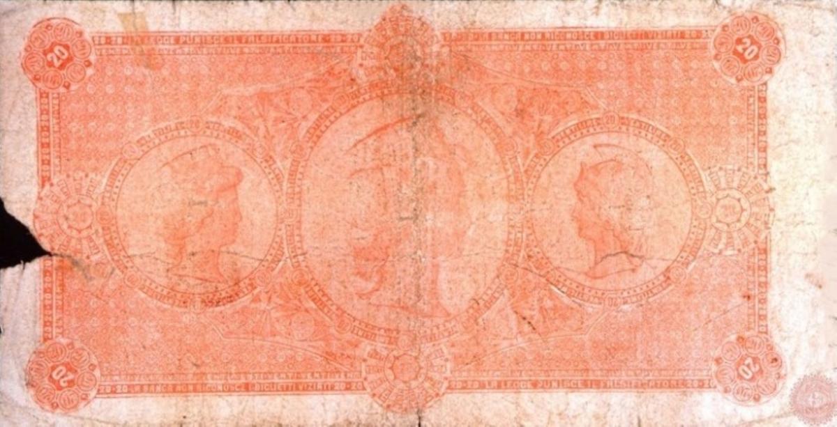 Back of Italian States pS796: 20 Lire from 1872