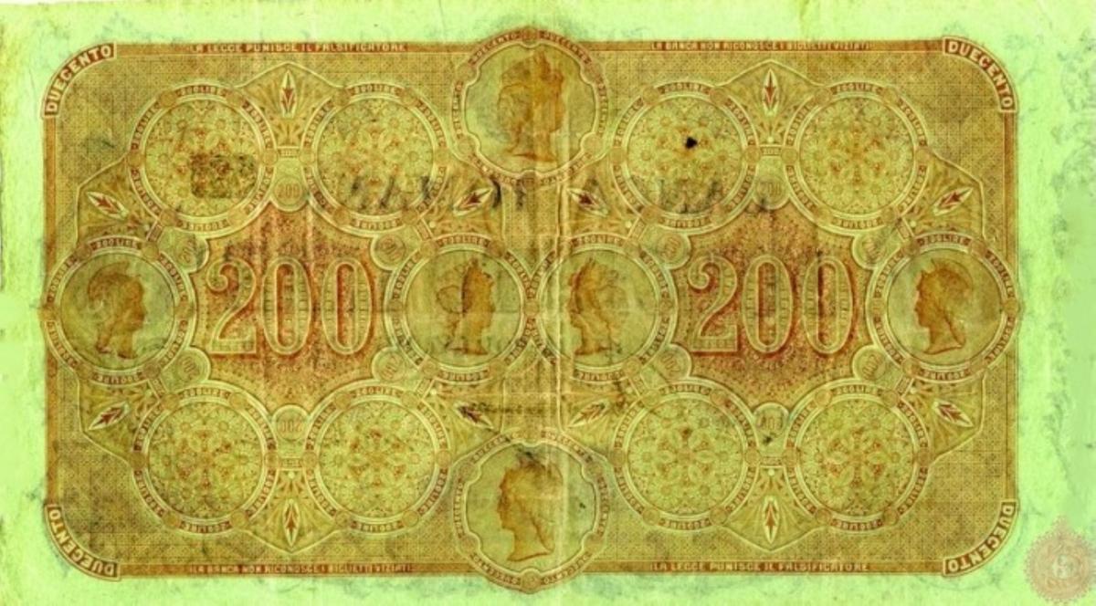 Back of Italian States pS800: 200 Lire from 1872