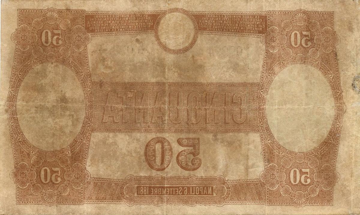 Back of Italian States pS845a: 50 Lire from 1881