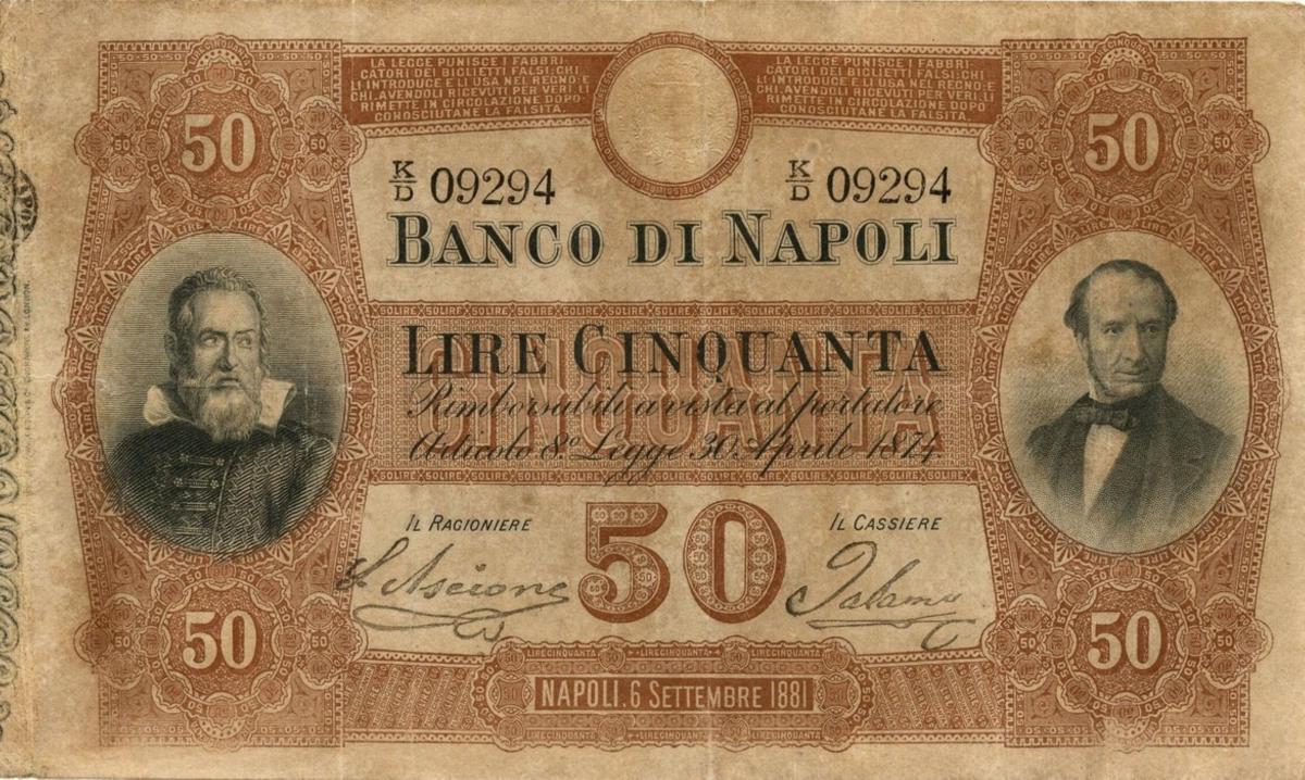 Front of Italian States pS845a: 50 Lire from 1881