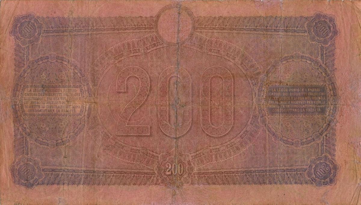 Back of Italian States pS850: 200 Lire from 1877