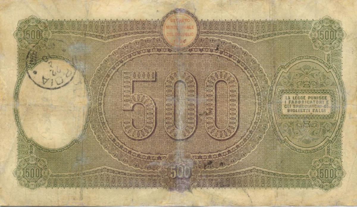 Back of Italian States pS852: 500 Lire from 1896