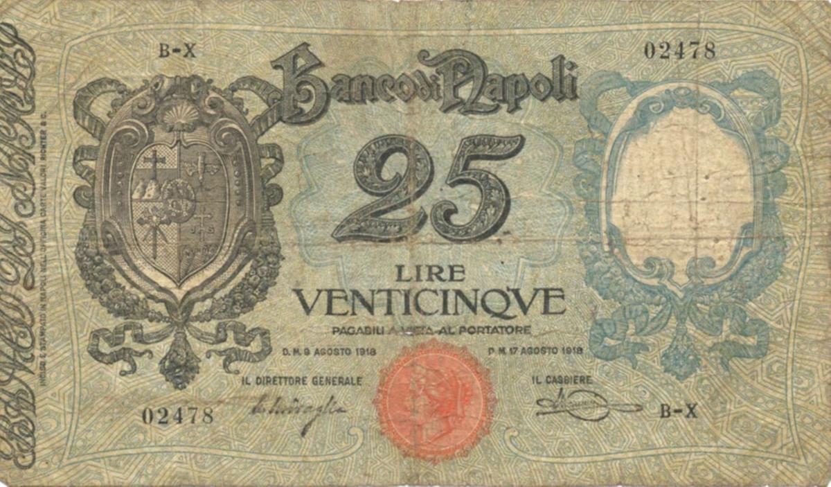 Front of Italian States pS855: 25 Lire from 1918