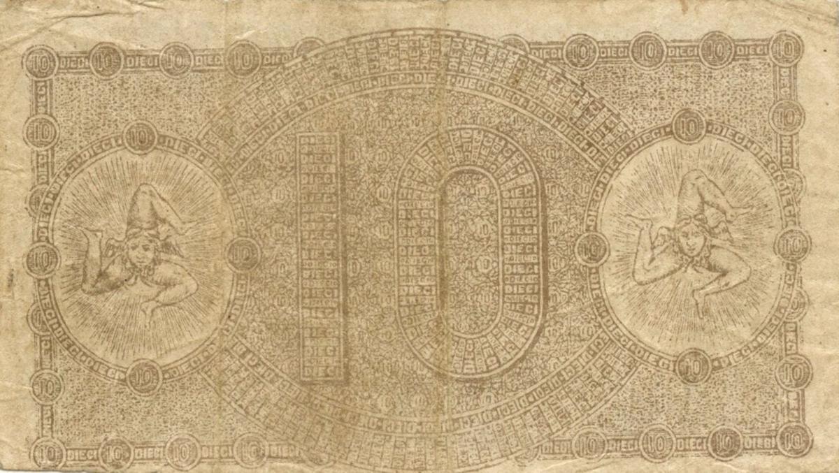 Back of Italian States pS882: 10 Lire from 1870