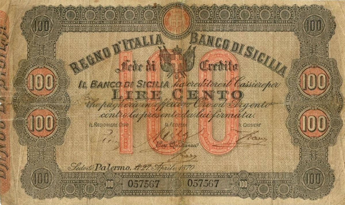 Front of Italian States pS885a: 100 Lire from 1870