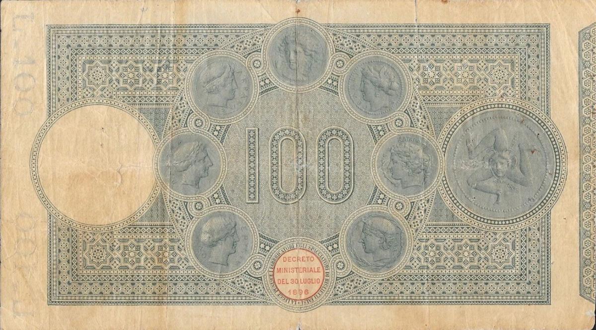 Back of Italian States pS897: 100 Lire from 1896