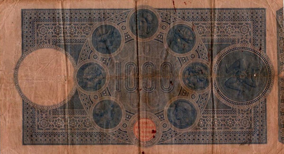 Back of Italian States pS899: 1000 Lire from 1897