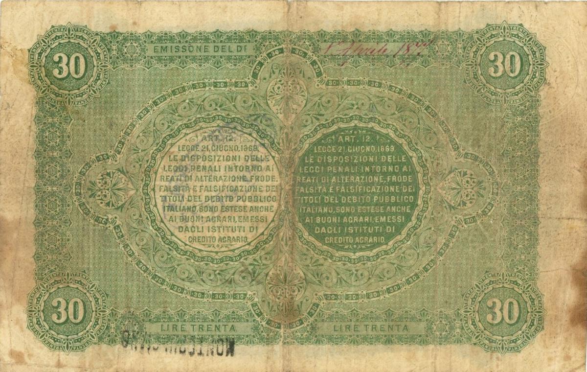 Back of Italian States pS912: 30 Lire from 1870