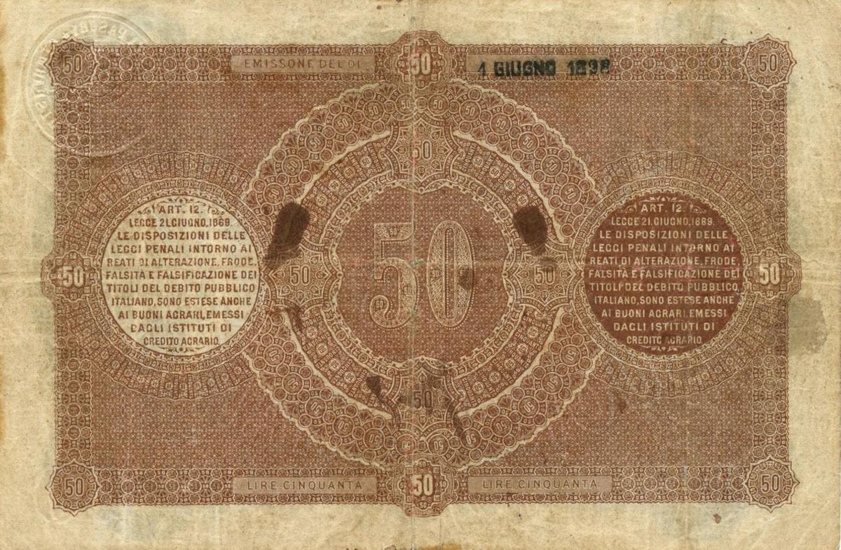 Back of Italian States pS914a: 50 Lire from 1870