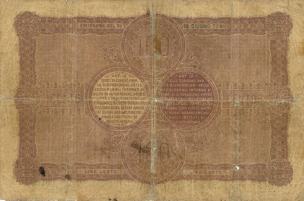 Back of Italian States pS915a: 100 Lire from 1870
