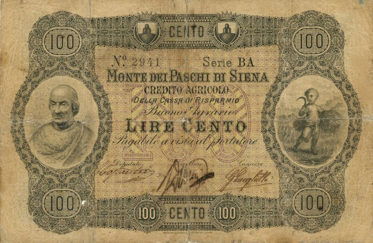 Front of Italian States pS915a: 100 Lire from 1870