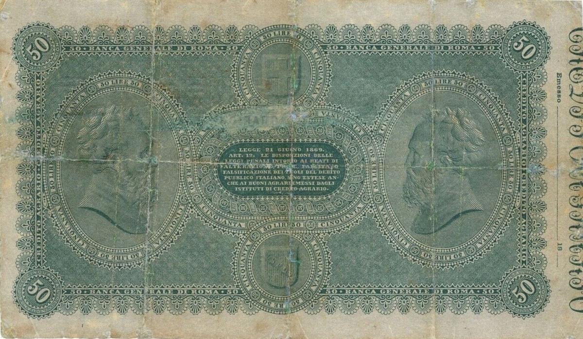 Back of Italian States pS919: 50 Lire from 1880