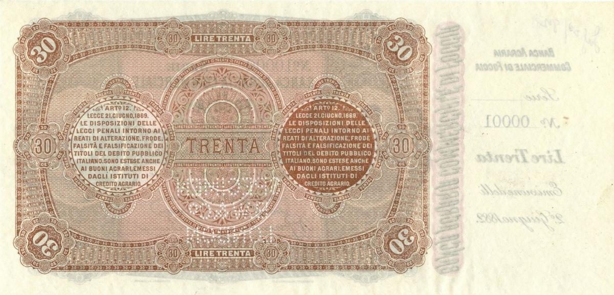 Back of Italian States pS920: 30 Lire from 1882