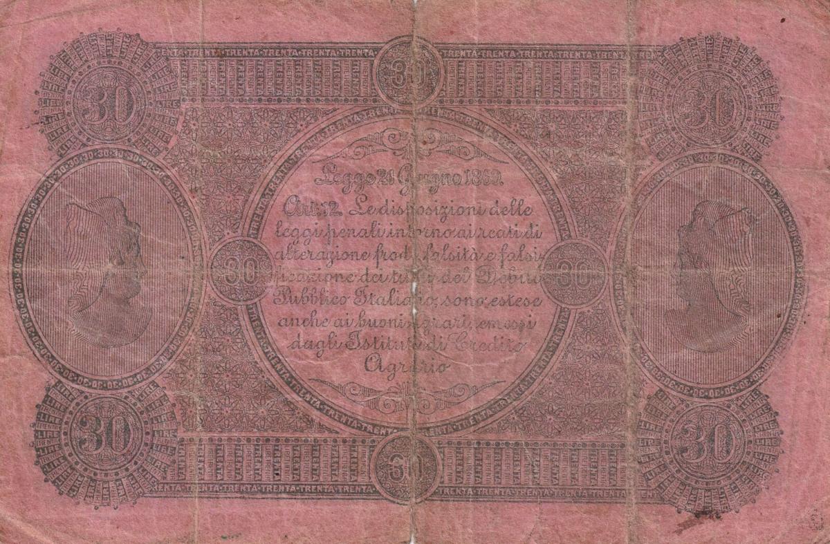 Back of Italian States pS921c: 30 Lire from 1870
