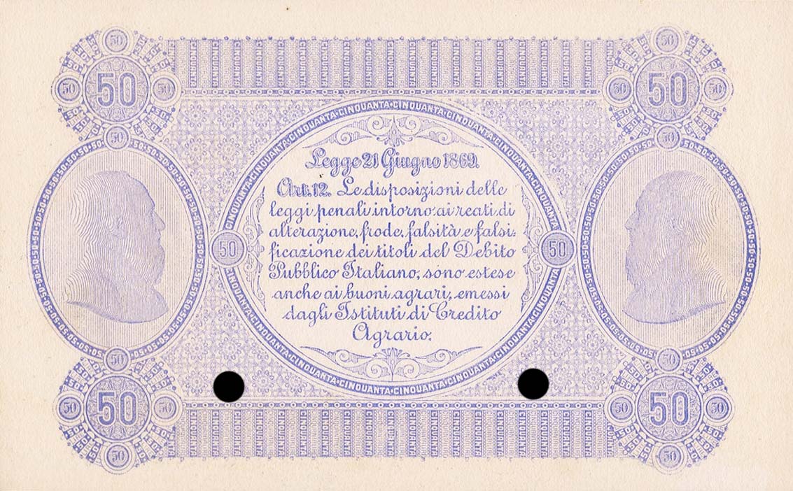 Back of Italian States pS922ct: 50 Lire from 1871