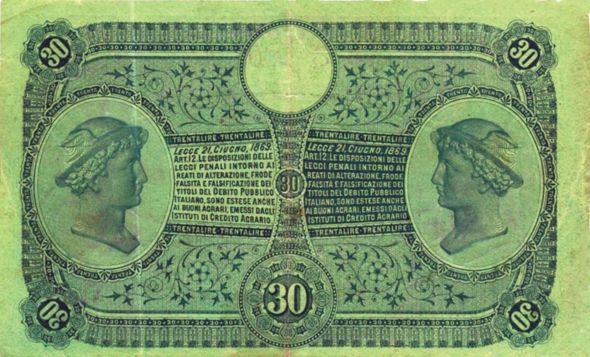 Back of Italian States pS926: 30 Lire from 1884