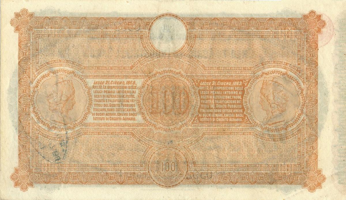 Back of Italian States pS928: 100 Lire from 1874