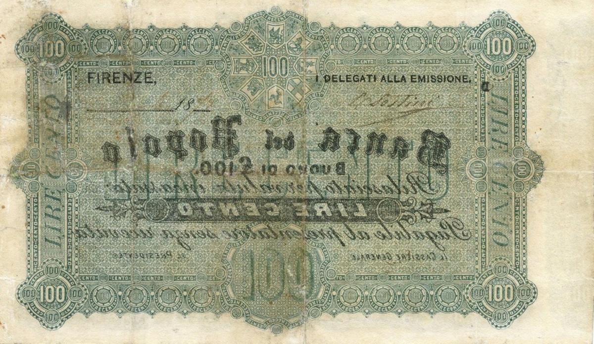 Back of Italian States pS945: 100 Lire from 1866