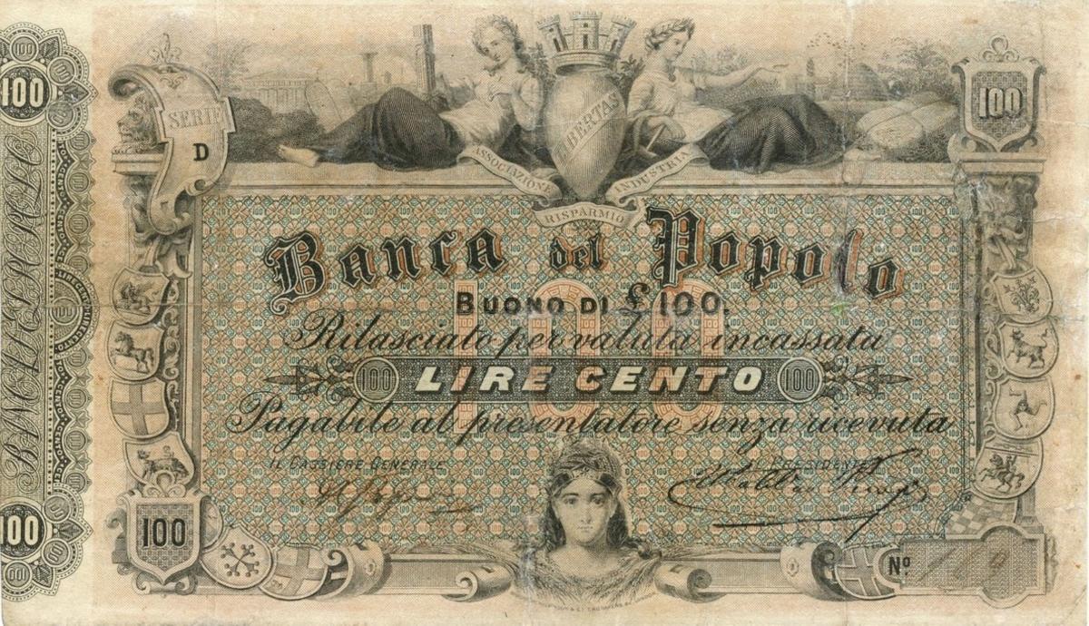 Front of Italian States pS945: 100 Lire from 1866