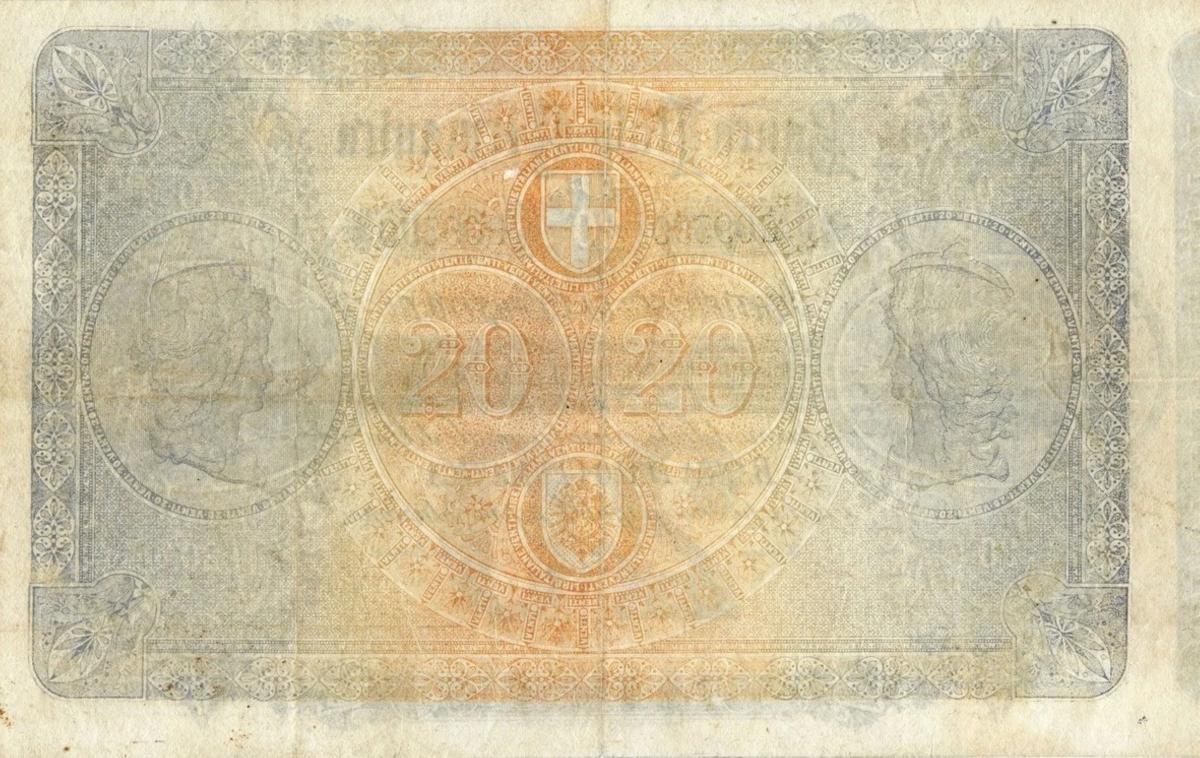 Back of Italian States pS973a: 20 Lire from 1871
