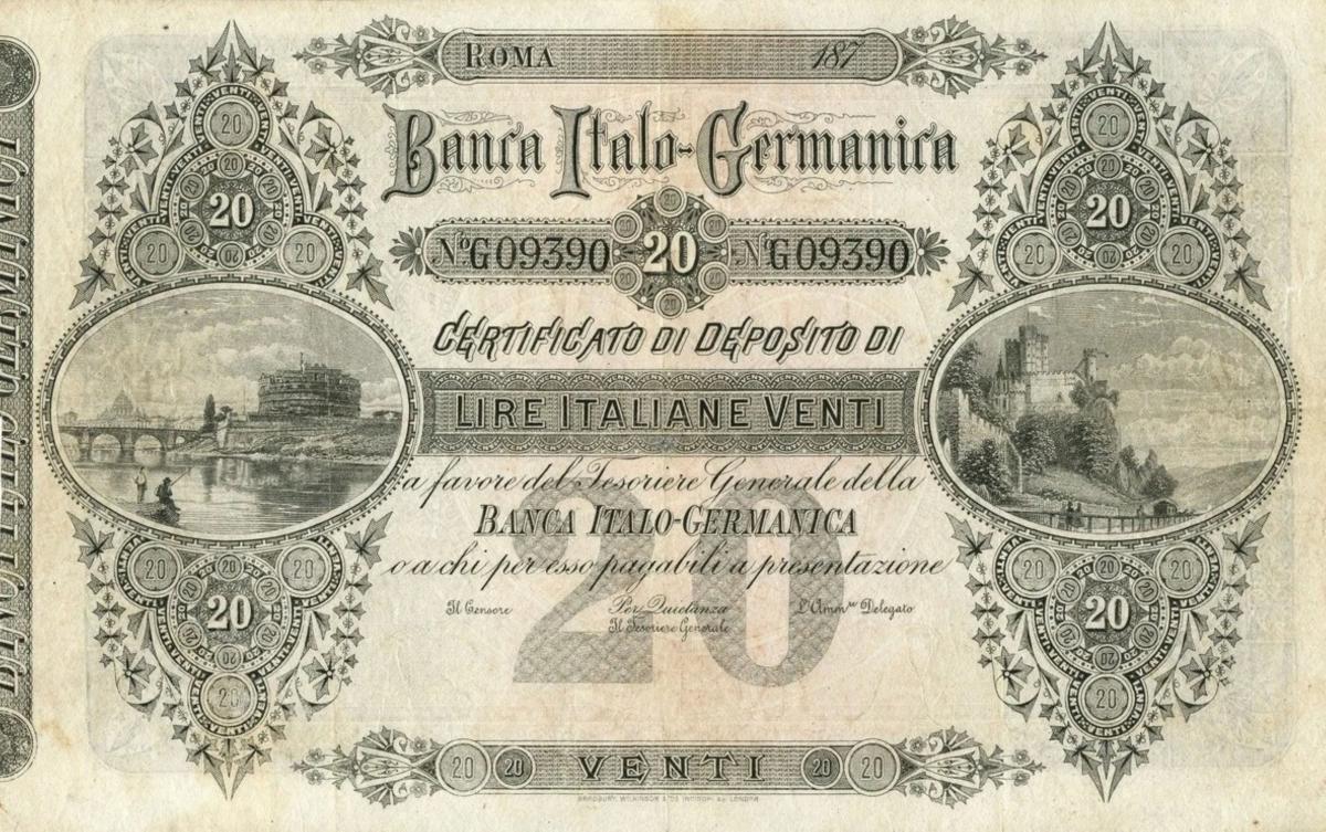 Front of Italian States pS973a: 20 Lire from 1871
