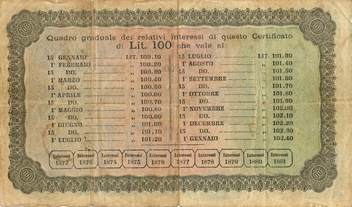 Back of Italian States pS975a: 100 Lire from 1871