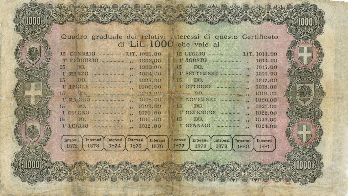 Back of Italian States pS978a: 1000 Lire from 1871