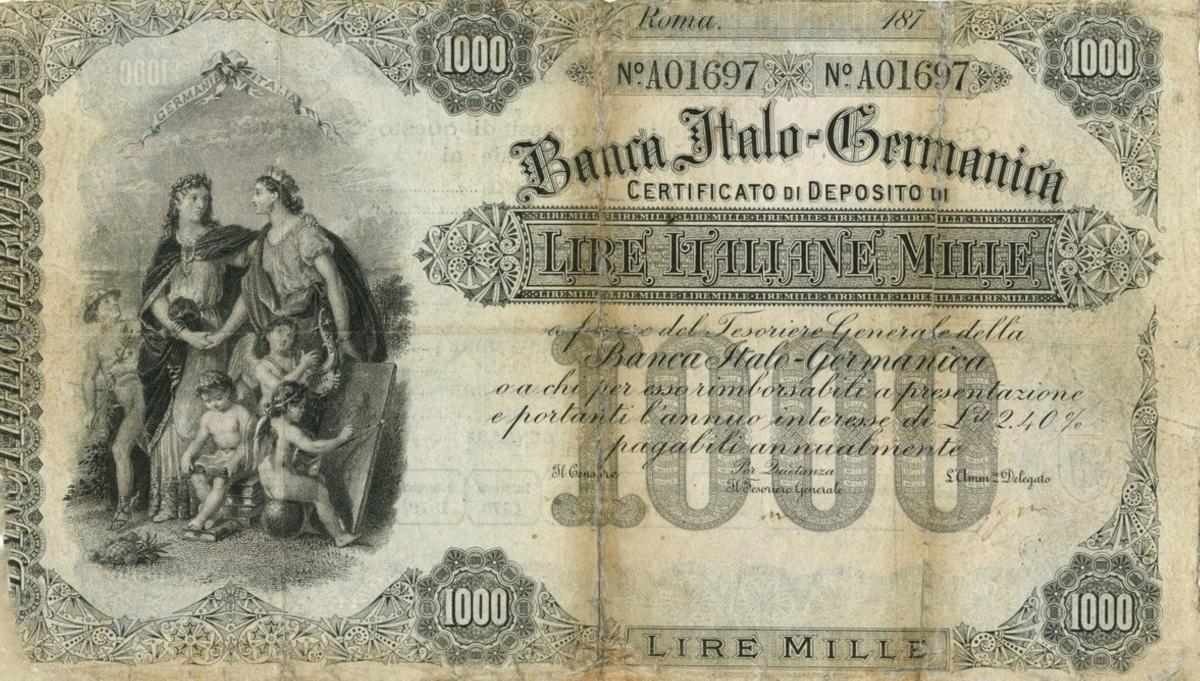 Front of Italian States pS978a: 1000 Lire from 1871
