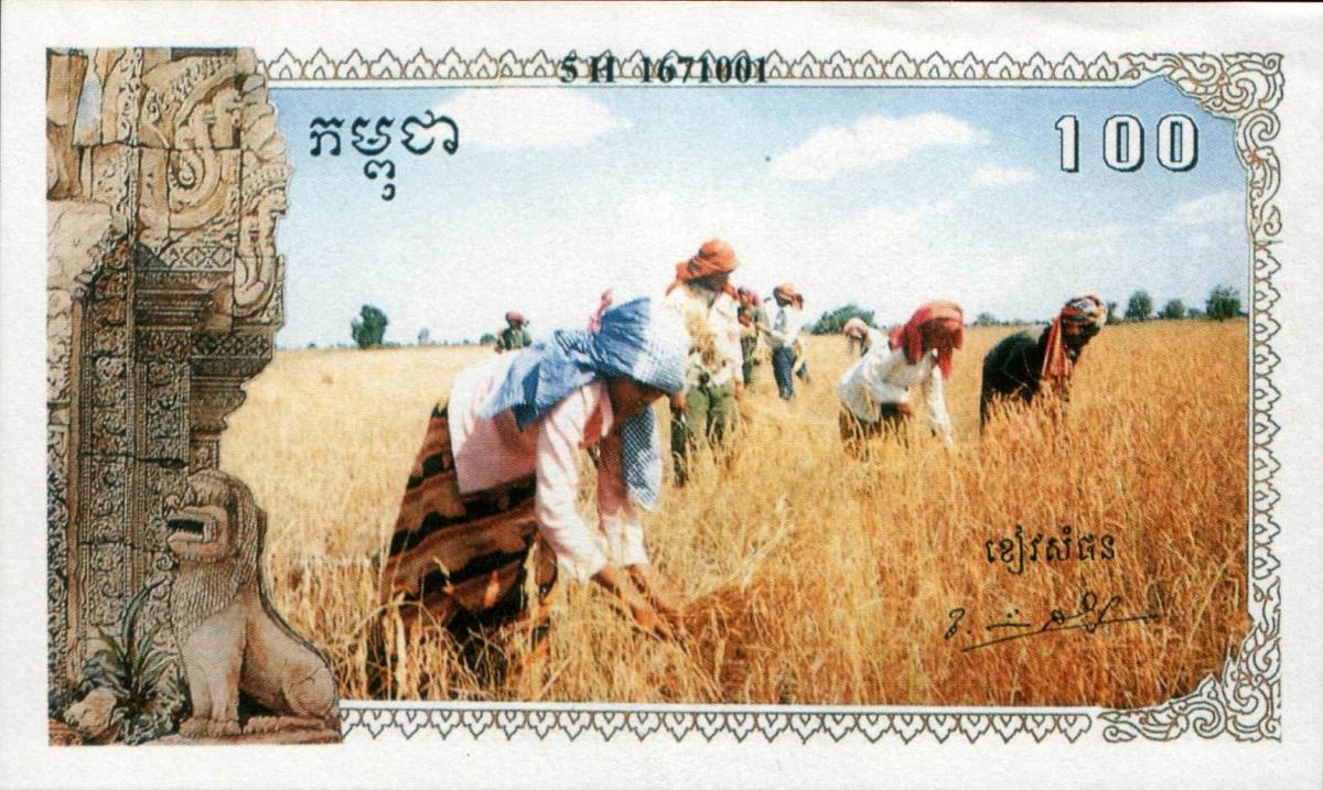 Front of Cambodia pR5: 100 Riels from 1993