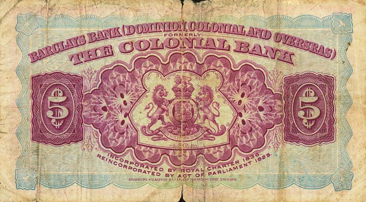 Back of Saint Kitts pS106a: 5 Dollars from 1937