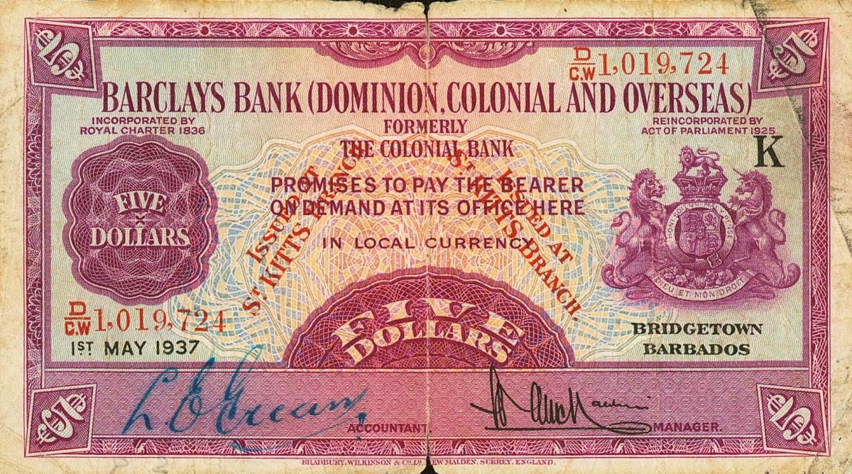 Front of Saint Kitts pS106a: 5 Dollars from 1937