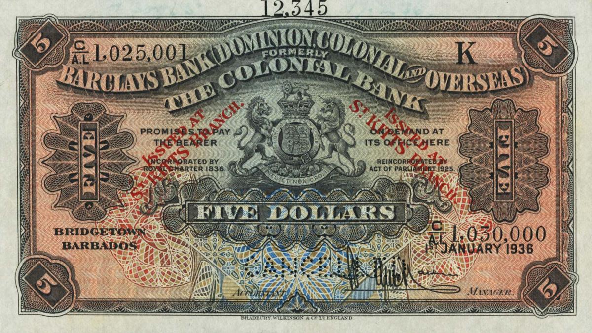 Front of Saint Kitts pS111: 5 Dollars from 1900
