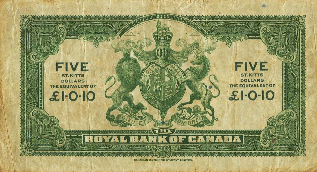 Back of Saint Kitts pS126a: 5 Dollars from 1938