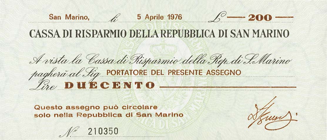 Front of San Marino pS102: 200 Lire from 1976