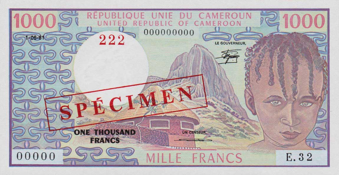 Front of Cameroon p16s: 1000 Francs from 1974