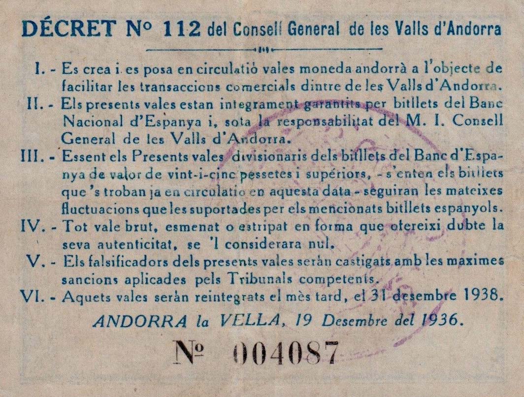 Back of Andorra p1: 1 Pesseta from 1936