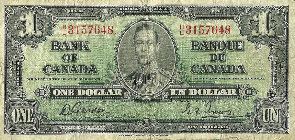 Front of Canada p58d: 1 Dollar from 1937