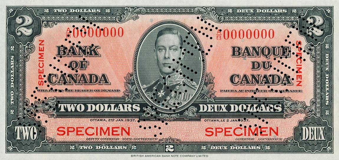 Front of Canada p59s: 2 Dollars from 1937