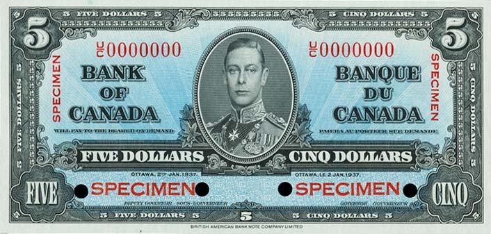 Front of Canada p60s: 5 Dollars from 1937
