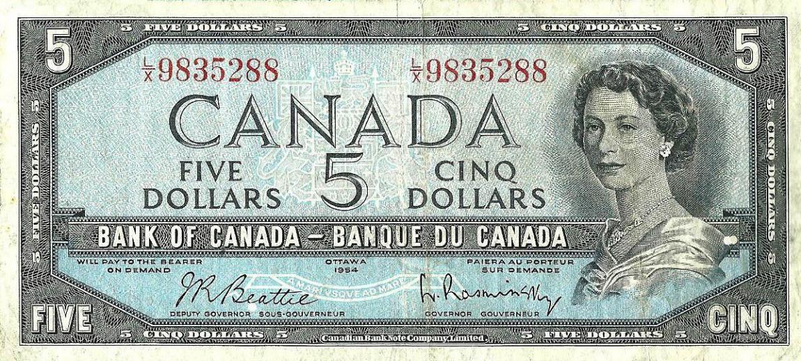 Front of Canada p77b: 5 Dollars from 1954