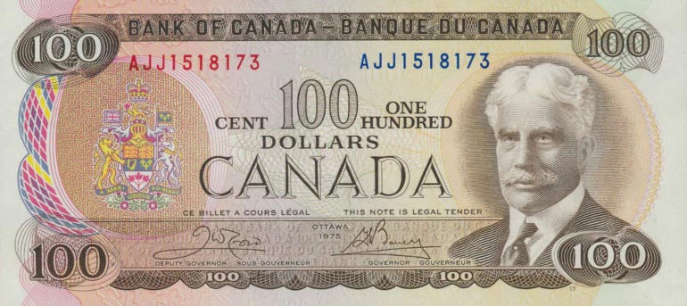 Front of Canada p91b: 100 Dollars from 1975