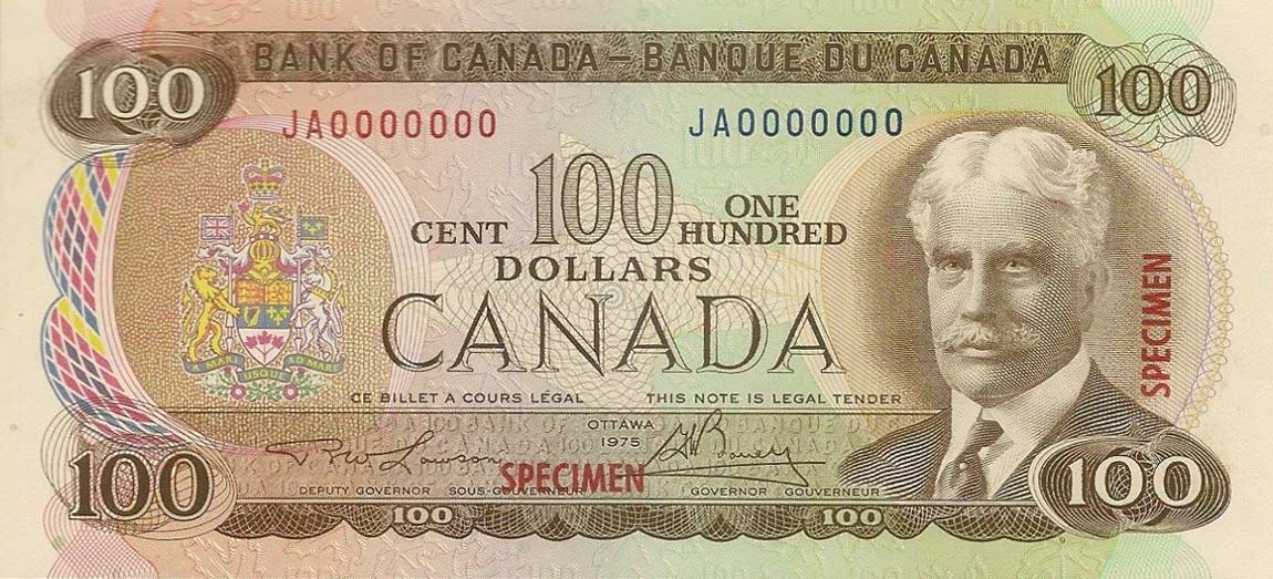Front of Canada p91s: 100 Dollars from 1975
