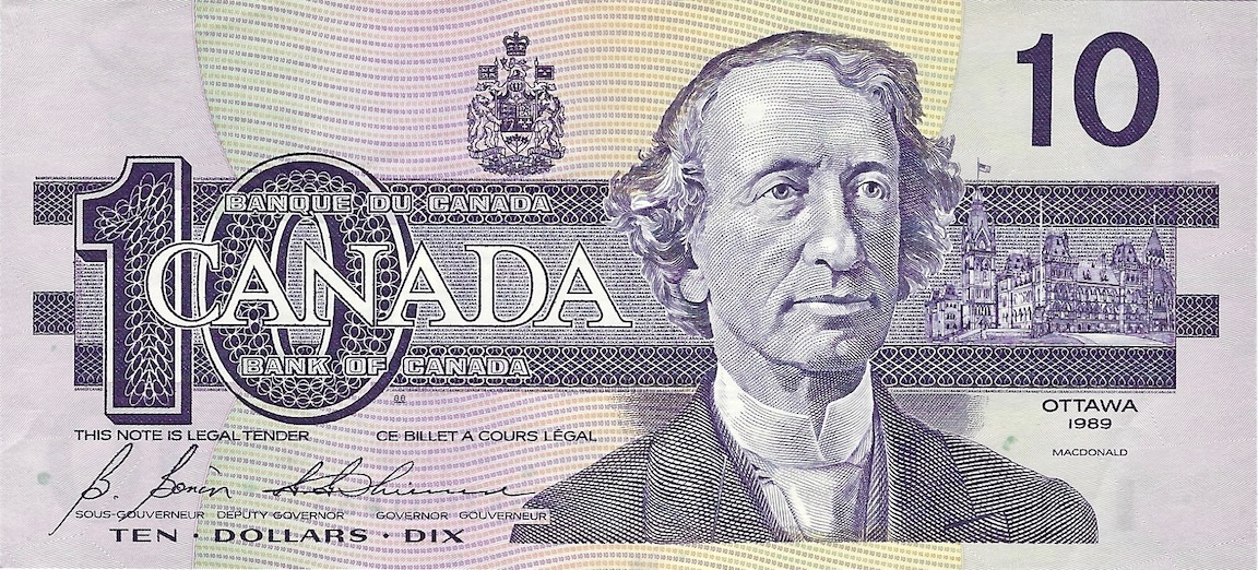Front of Canada p96b: 10 Dollars from 1989