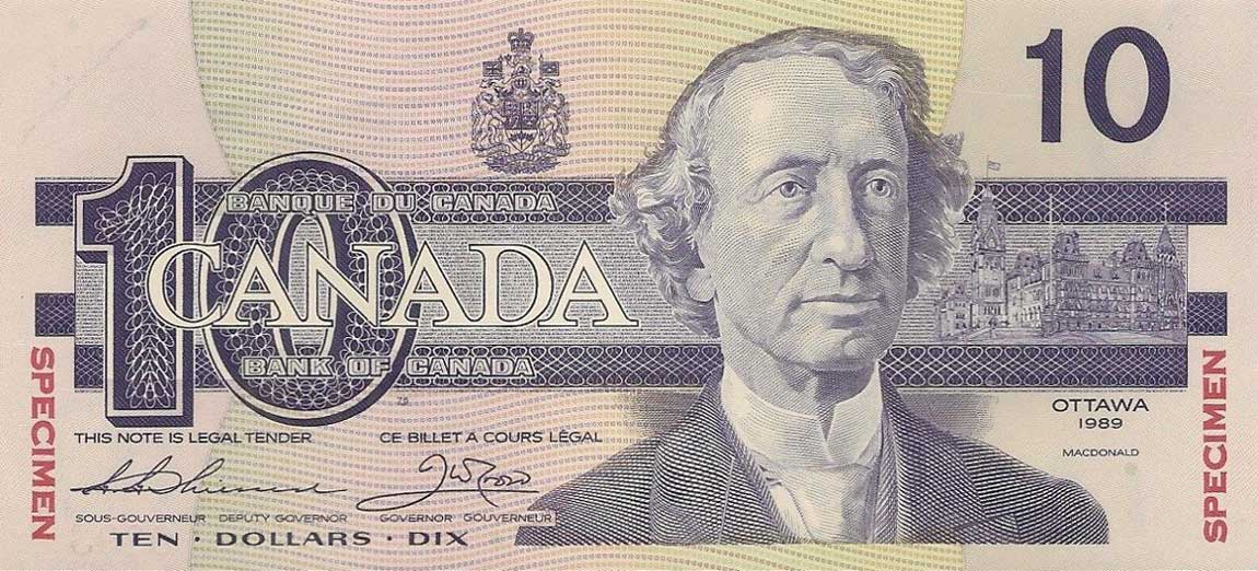 Front of Canada p96s: 10 Dollars from 1989