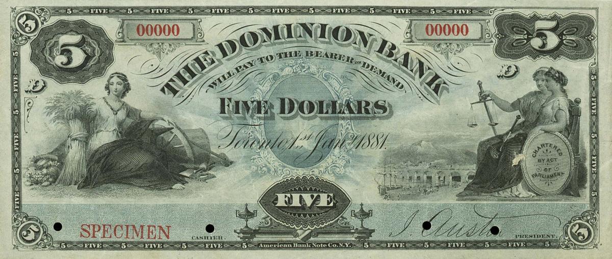 Front of Canada pS1018s: 5 Dollars from 1881