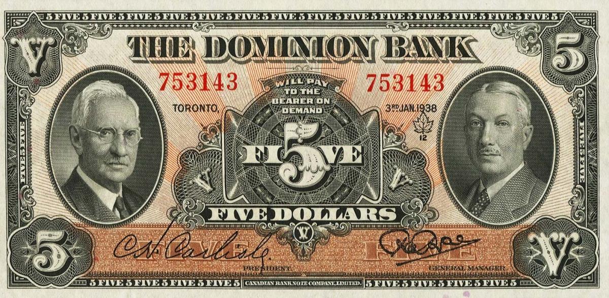 Front of Canada pS1035: 5 Dollars from 1938