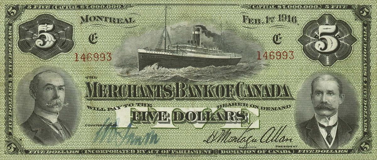 Front of Canada pS1165: 5 Dollars from 1916