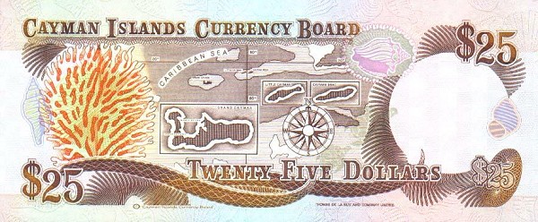 Back of Cayman Islands p14a: 25 Dollars from 1991